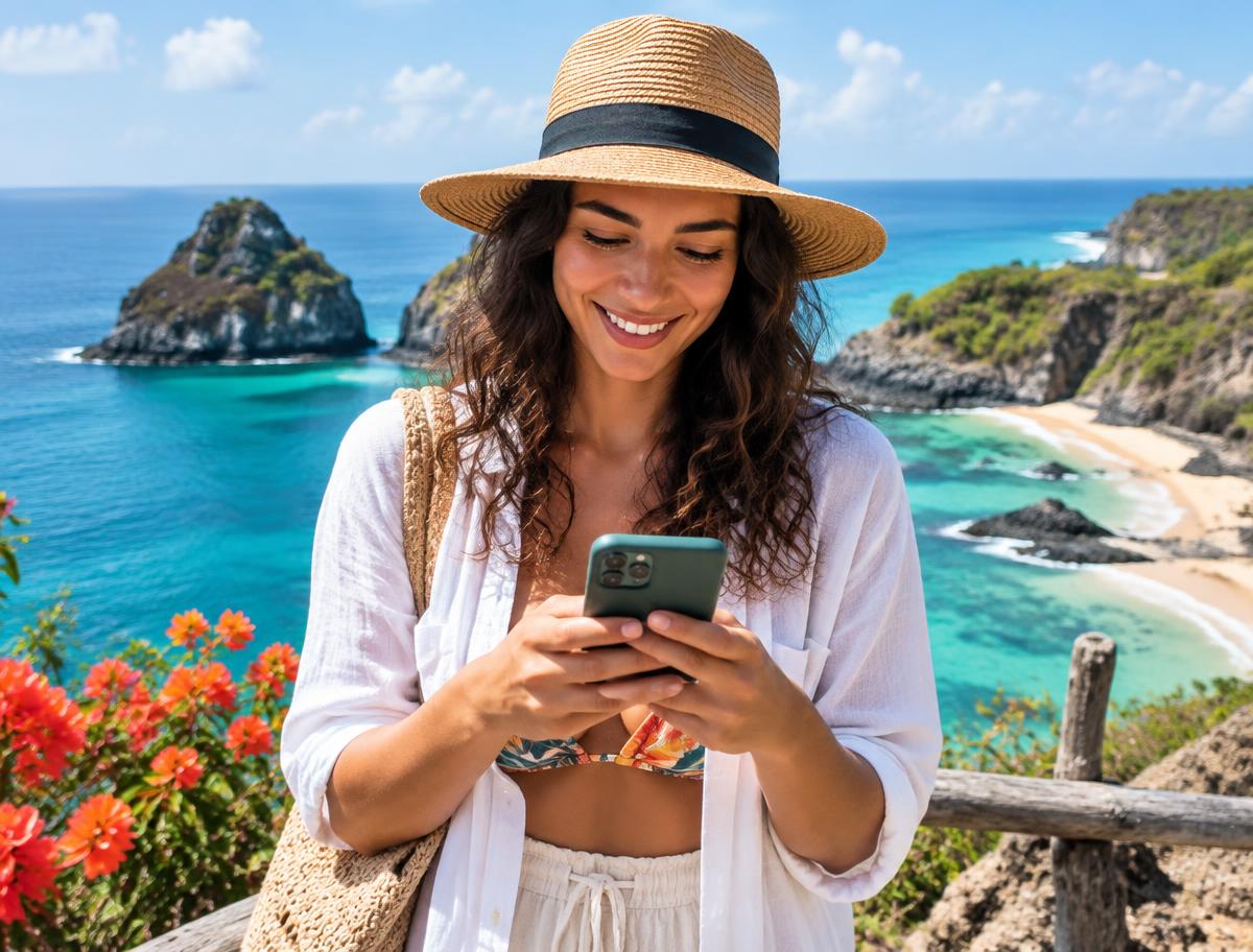Viajante descobrindo destinos pelo celular