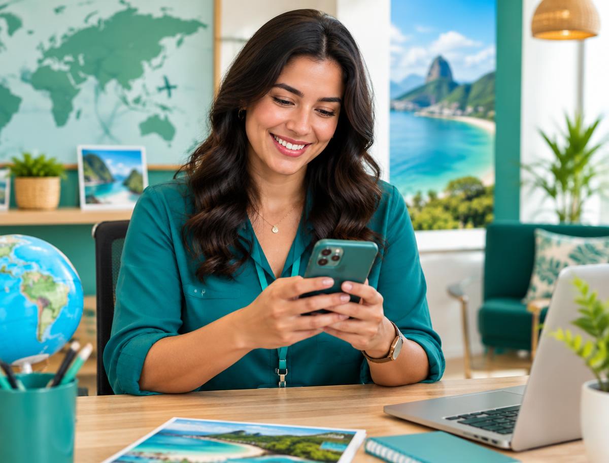 Consultora de viagens atendendo uma oportunidade pelo celular