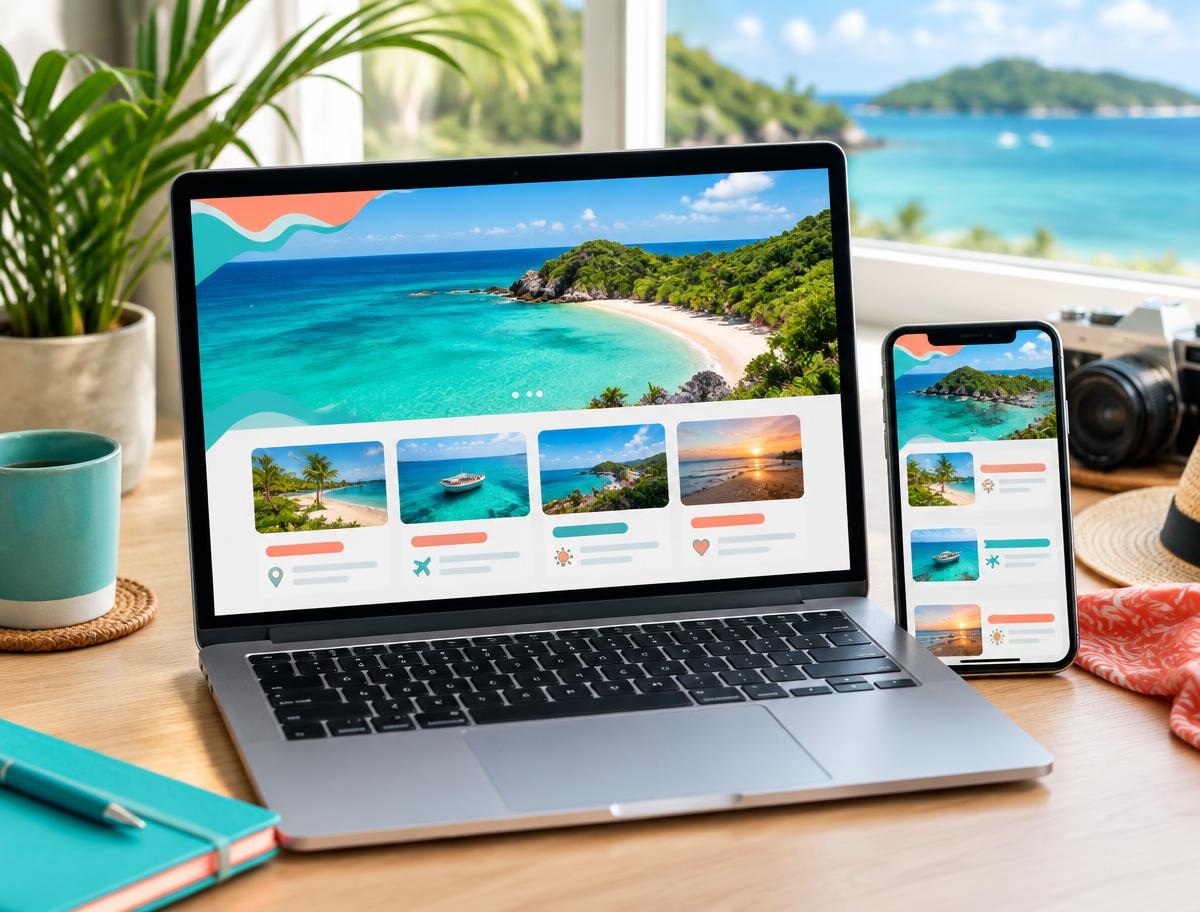 Site de viagens exibido em computador e celular